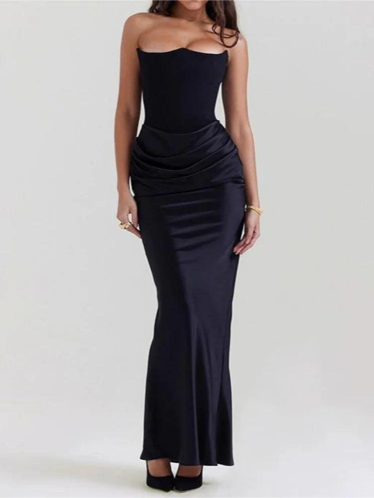 Sexy Solid Color Strapless Backless Dress Women Sleeveless Pleated Waist Slimming Long Vestidos Lady Evening Party Gown 2025 New